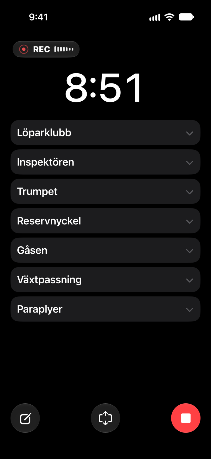 Livespelning: förfluten och kvarvarande tid, inspelning, med setet under timern