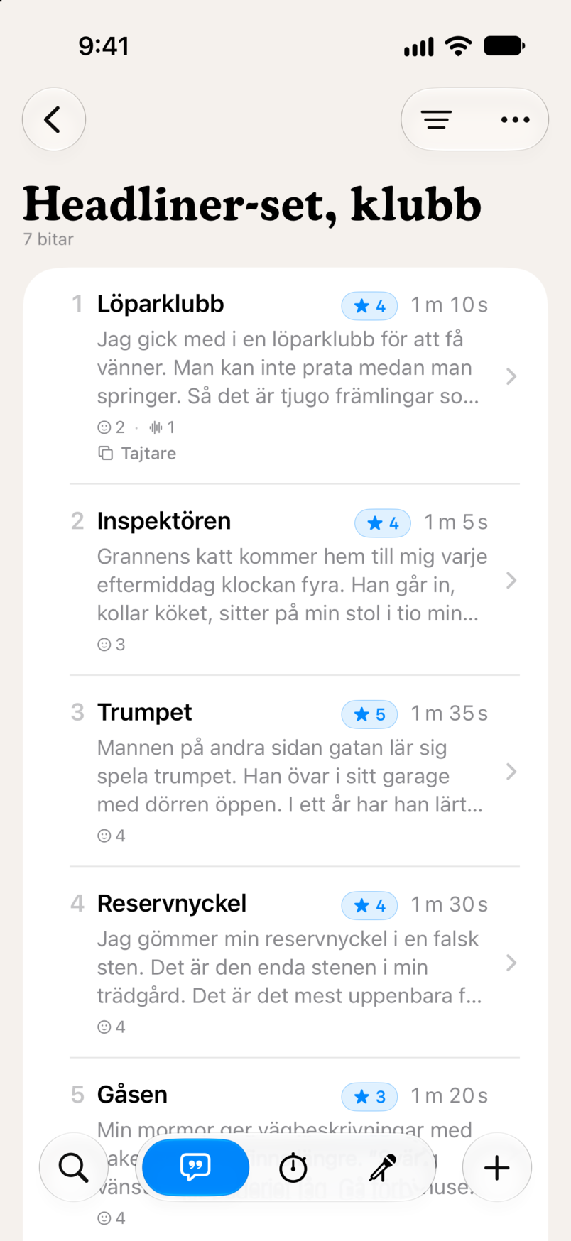 Ett set i Bitbook: sju bitar i ordning, var och en med sitt stjärnbetyg och sin speltid