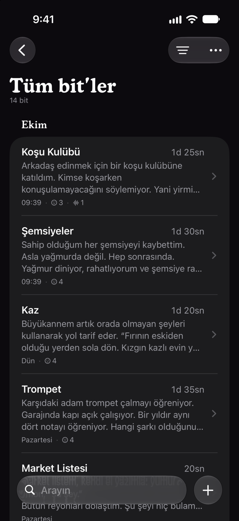 Bitbook'ta Tüm bit'ler: her bit tek bir listede, her biri süresi ve ilk satırlarıyla