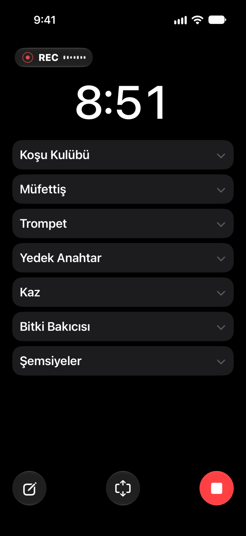 Canlı gösteri: geçen ve kalan süre, kayıt, sayacın altında set