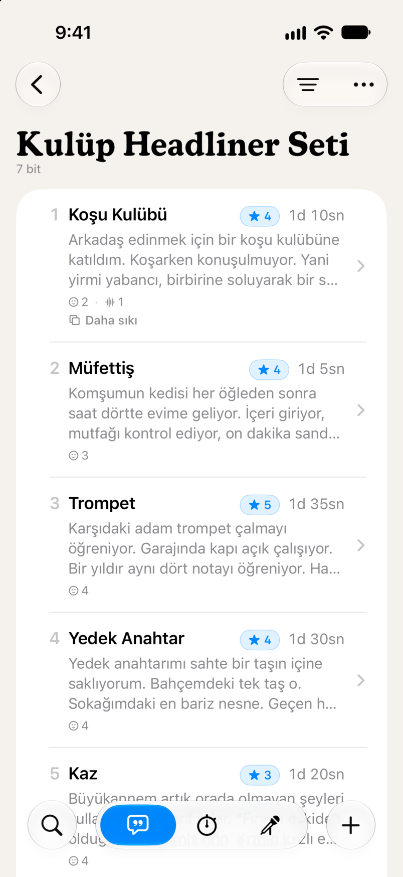 Bitbook'ta bir set: sırayla yedi bit, her birinin yıldız puanı ve süresiyle