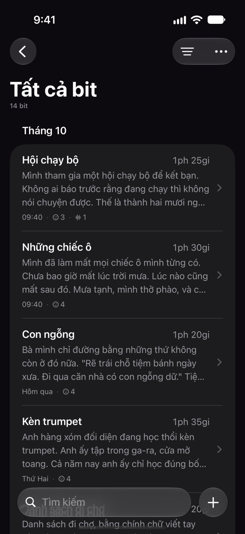Tất cả bit trong Bitbook: mọi bit trong một danh sách, mỗi bit kèm thời lượng và những dòng đầu tiên
