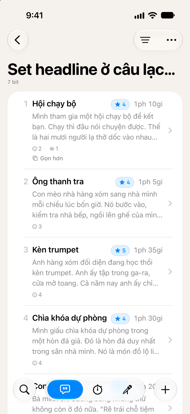 Một set trong Bitbook: bảy bit theo thứ tự, mỗi bit có điểm sao và thời lượng