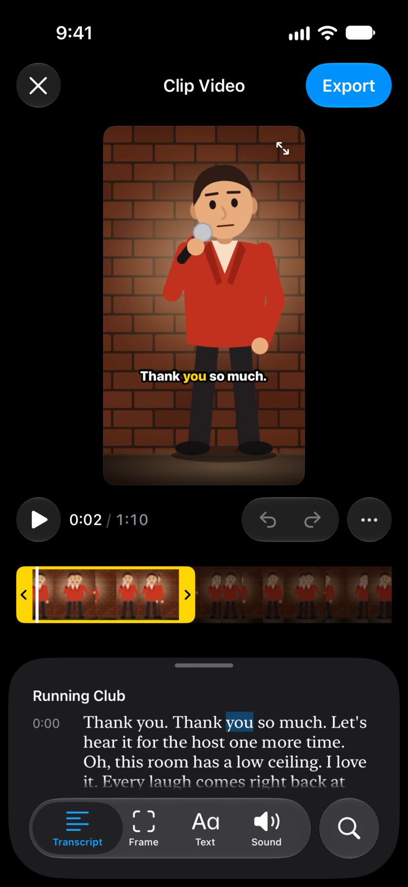 The clip editor: a vertical clip of a comic at the mic with a caption on the picture, over the transcript with the spoken word highlighted