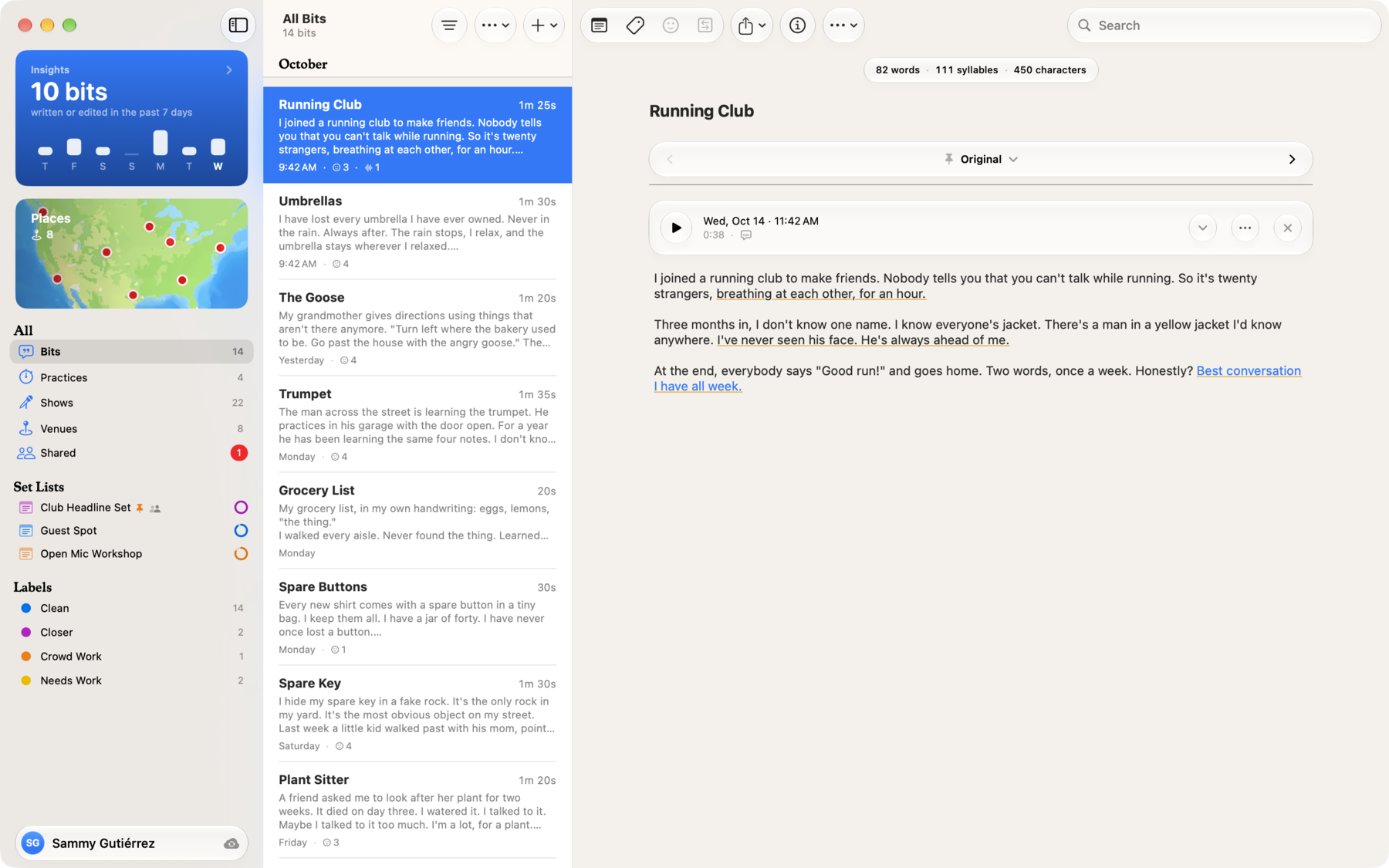 Bitbook on Mac: set lists and labels in the sidebar, every bit in a list, and one open with the lines that got laughs marked