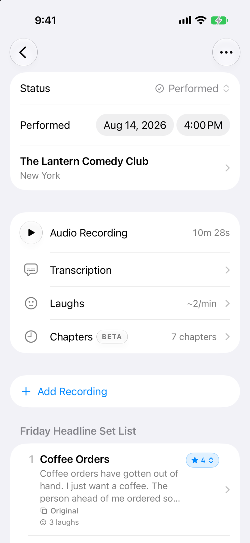 A logged show: venue, date, the recording, and its transcription, laughs, and chapters